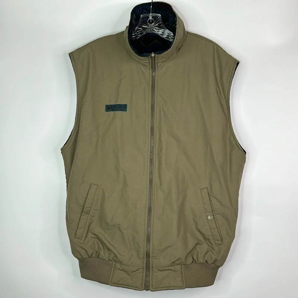 Vintage Columbia Tan Reversible Fleece Nylon Vest Size Medium Tall